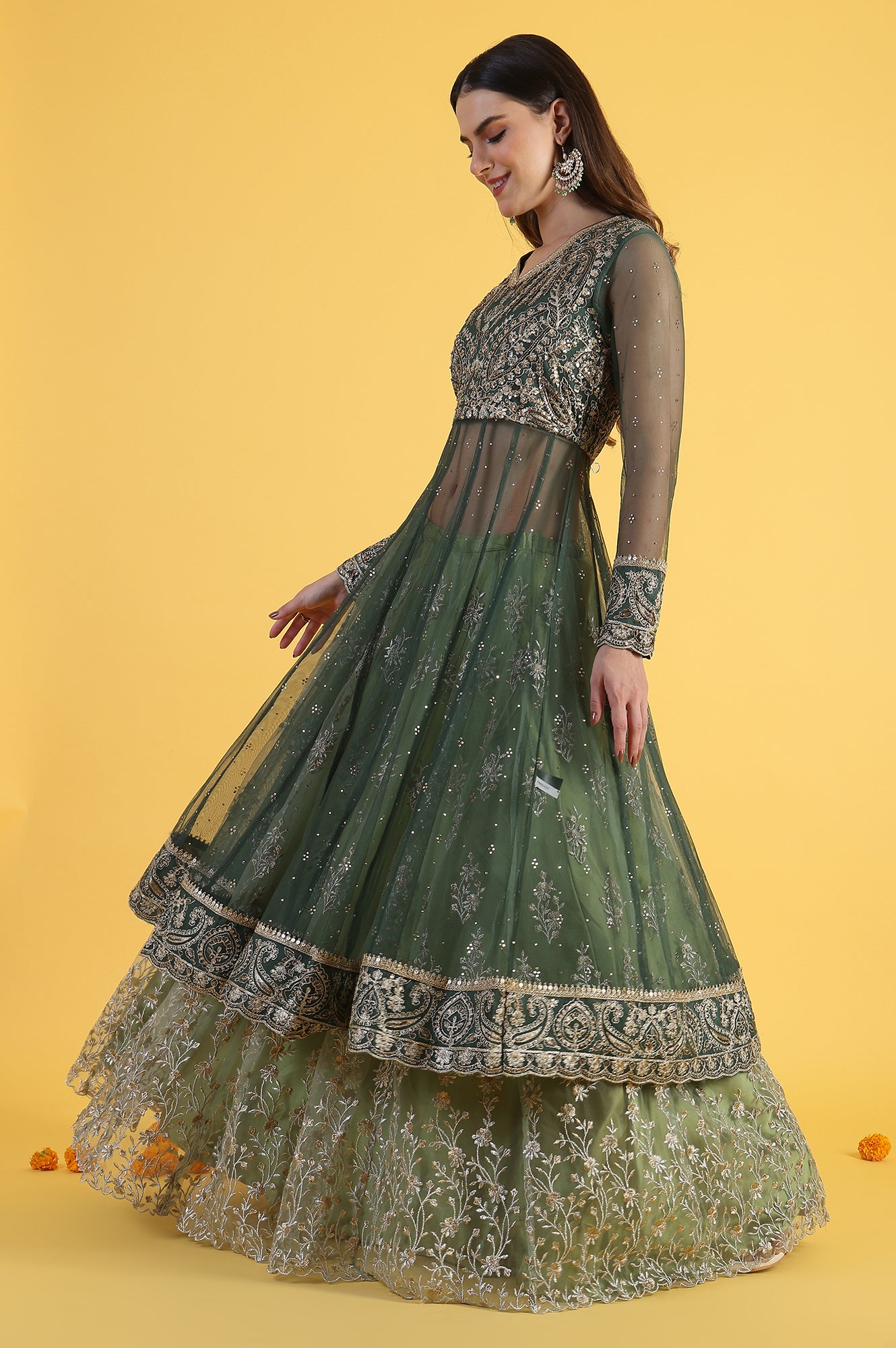 Green Metallic Embroidery Mesh Flared Kurta &amp; Skirt with Dupatta Set