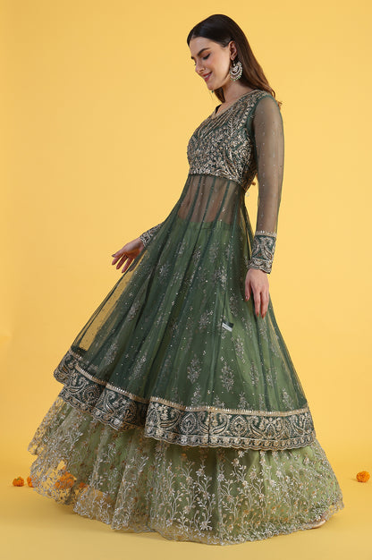 Green Metallic Embroidery Mesh Flared Kurta &amp; Skirt with Dupatta Set