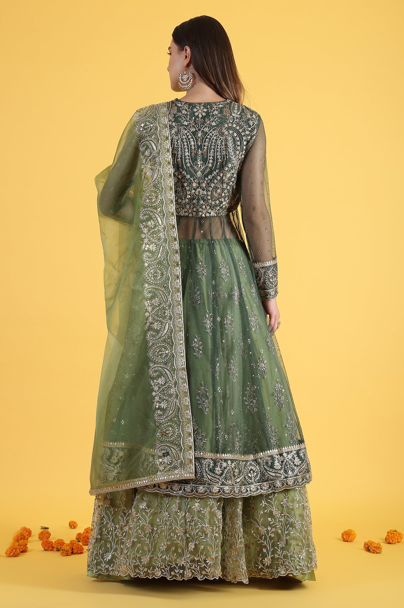 Green Metallic Embroidery Mesh Flared Kurta &amp; Skirt with Dupatta Set