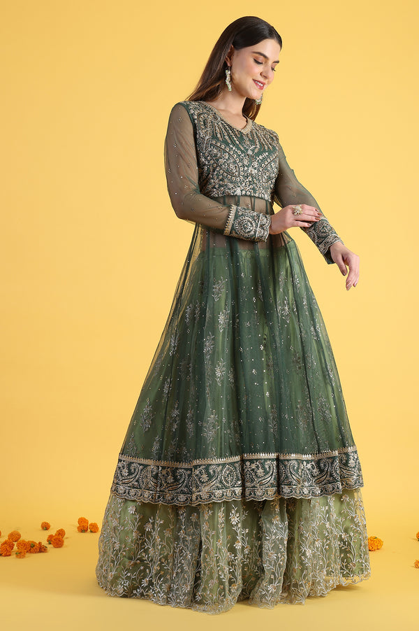 Green Metallic Embroidery Mesh Flared Kurta & Skirt with Dupatta Set
