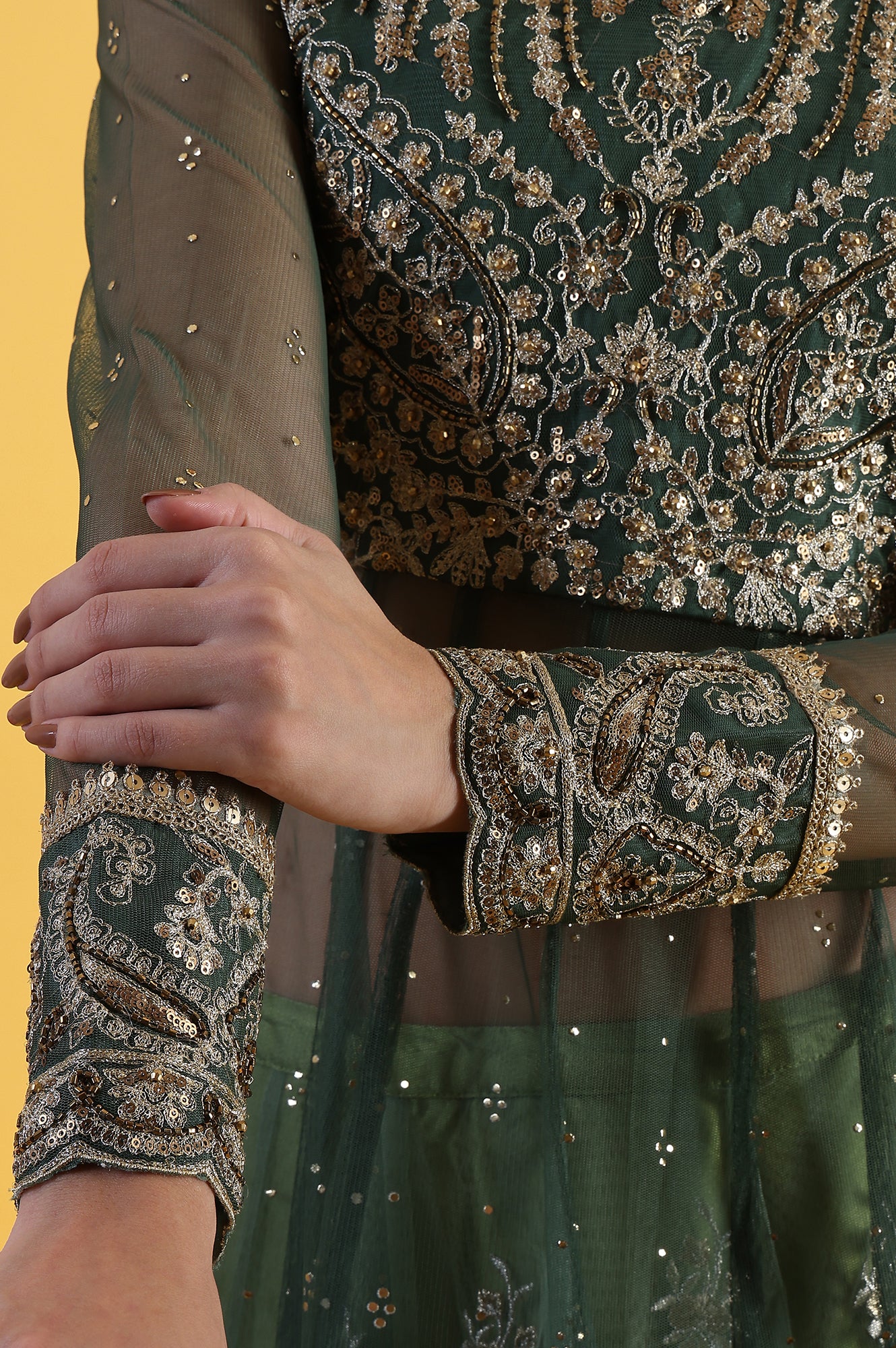 Green Metallic Embroidery Mesh Flared Kurta &amp; Skirt with Dupatta Set