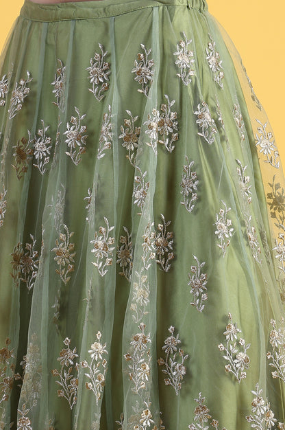 Green Metallic Embroidery Mesh Flared Kurta &amp; Skirt with Dupatta Set
