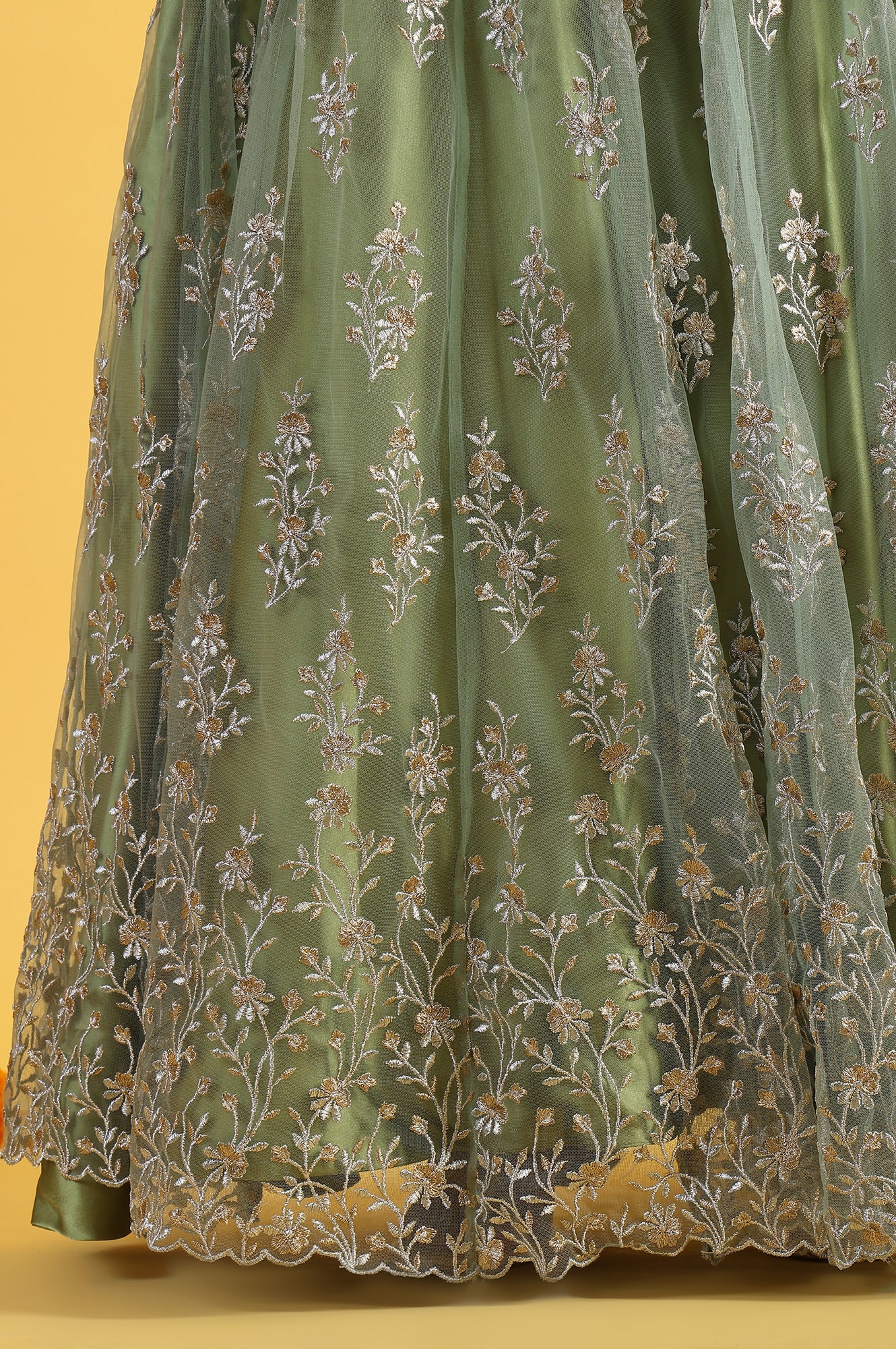 Green Metallic Embroidery Mesh Flared Kurta &amp; Skirt with Dupatta Set