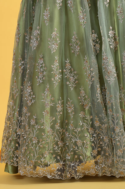 Green Metallic Embroidery Mesh Flared Kurta &amp; Skirt with Dupatta Set
