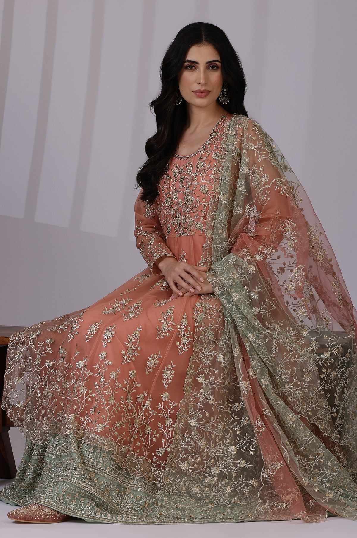 Peach and Green Ombre Heavy Metallic Embroidered Layered Dress and Dupatta Set - XL