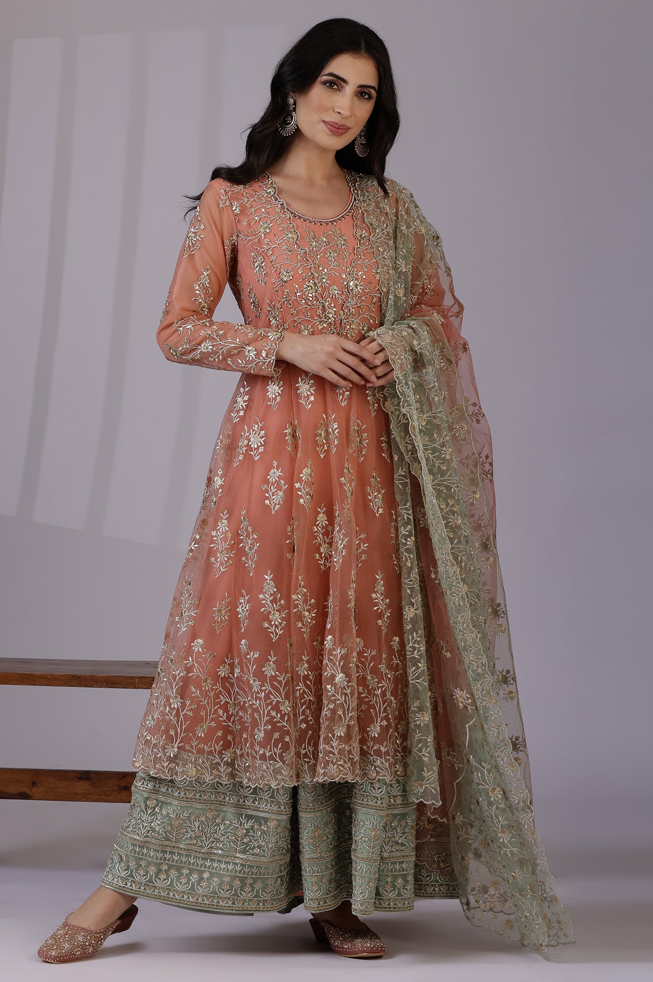 Buy Peach and Green Ombre Heavy Metallic Embroidered Layered Dress and Dupatta Set Online for Woman | WforWoman Buy Peach and Green Ombre Heavy Metallic Embroidered Layered Dress and Dupatta Set Online for Woman | WforWoman