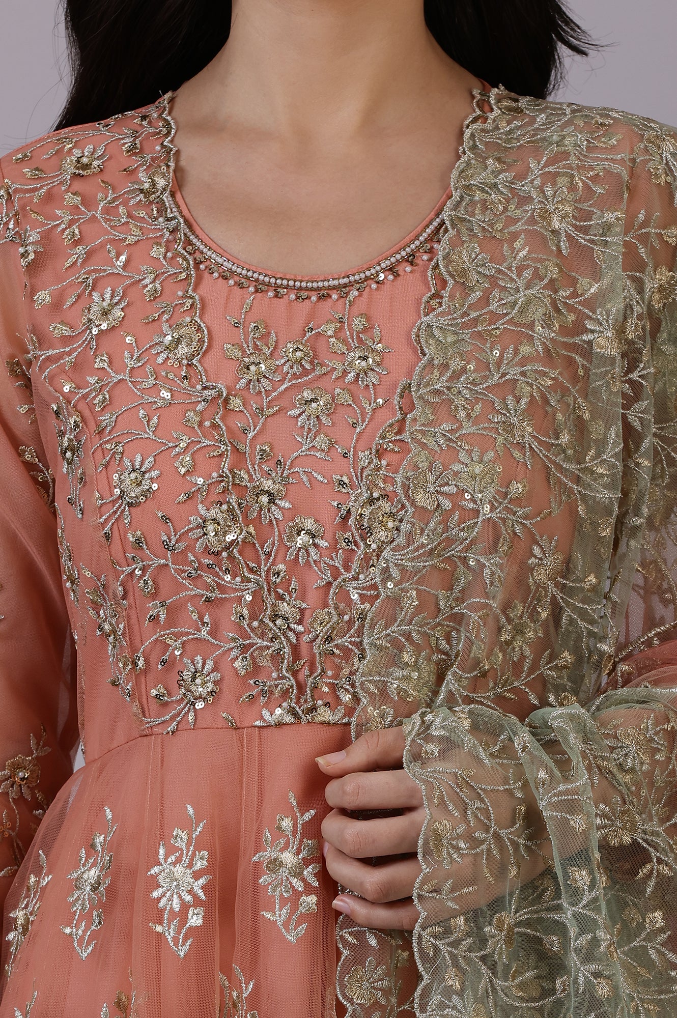 Buy Peach and Green Ombre Heavy Metallic Embroidered Layered Dress and Dupatta Set Online for Woman | WforWoman Buy Peach and Green Ombre Heavy Metallic Embroidered Layered Dress and Dupatta Set Online for Woman | WforWoman