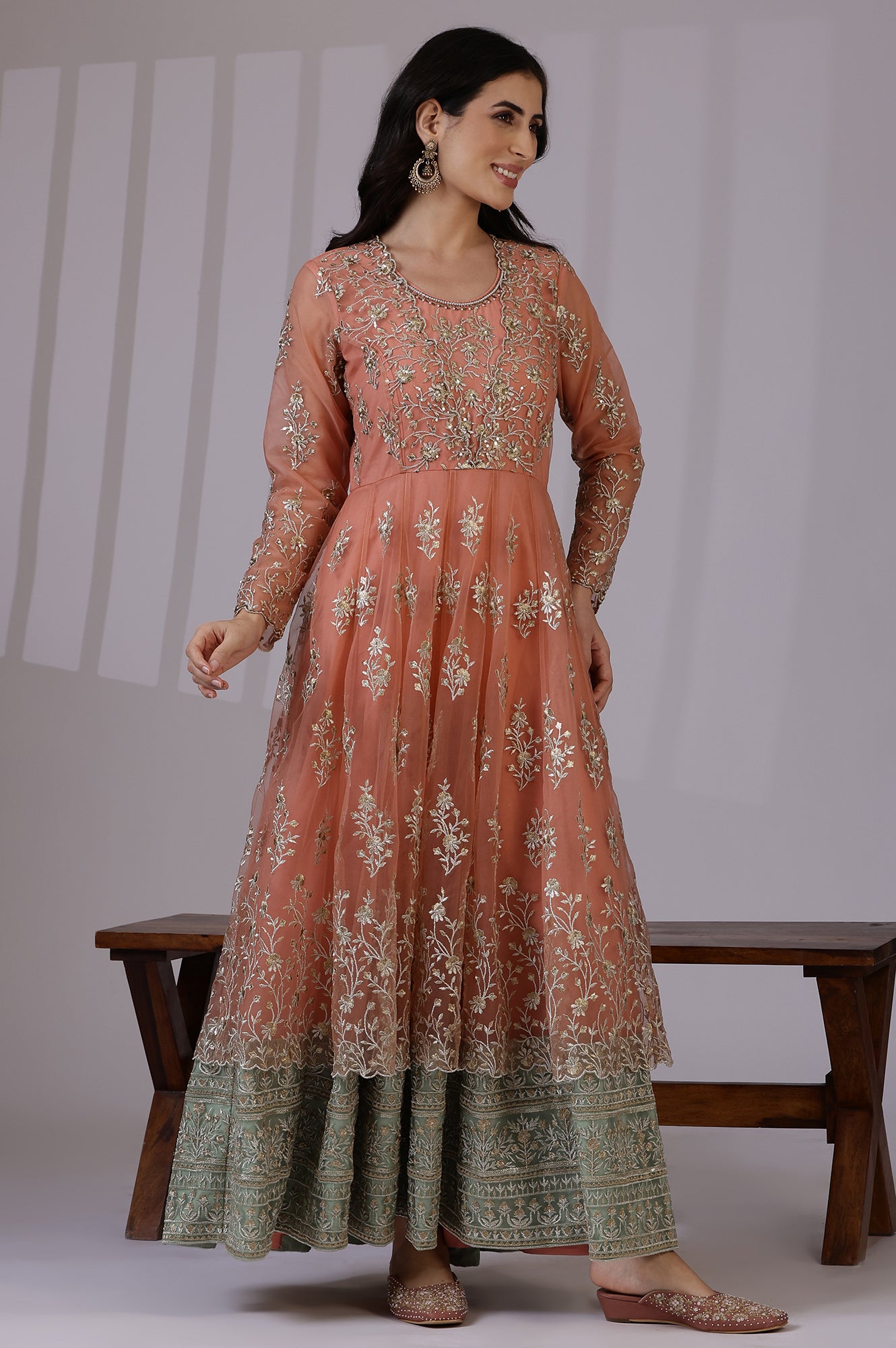peach and green combination dress Shop Pista Green A-Line Dress with Peach Cape | Designer Wear