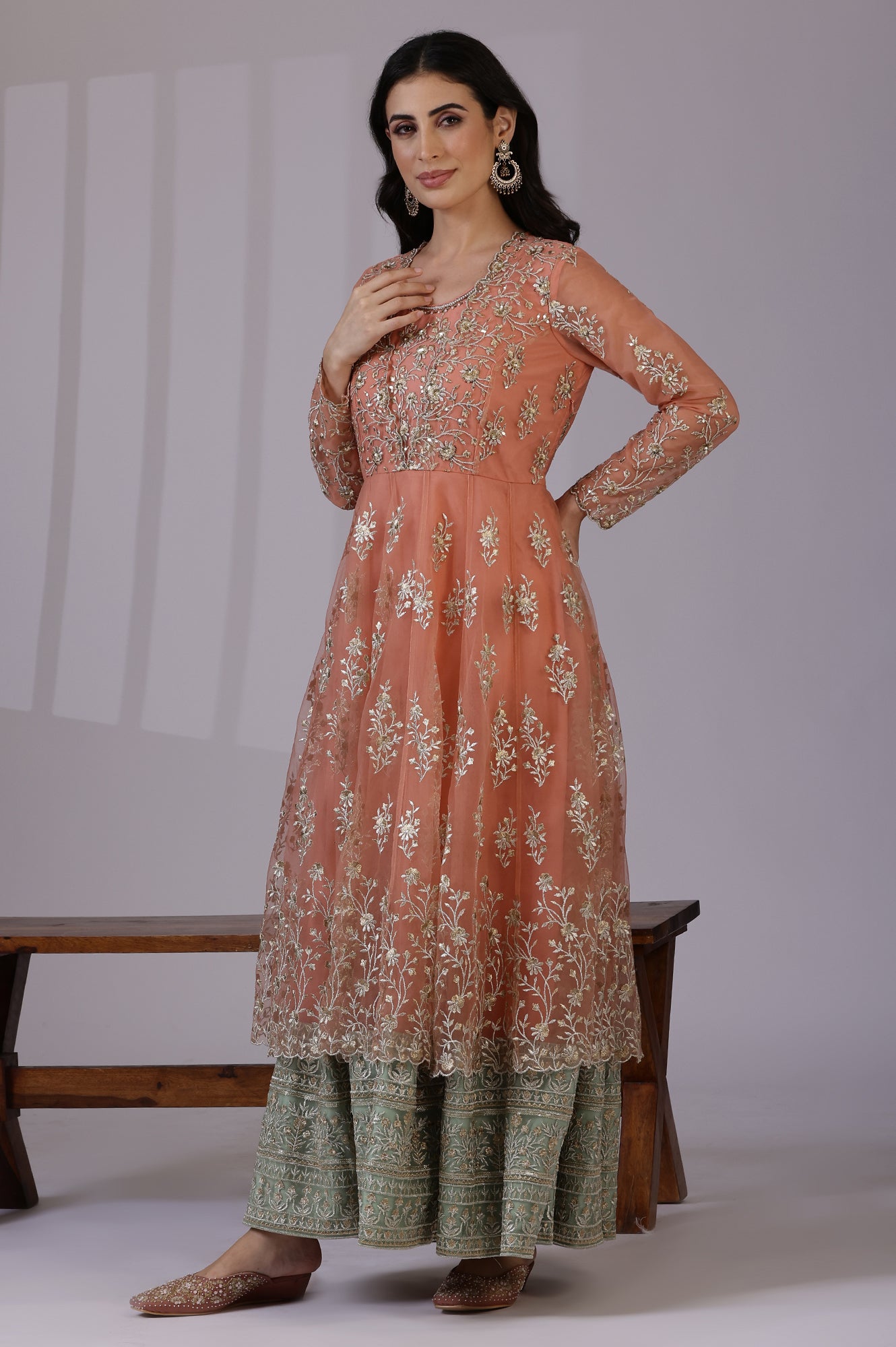 Buy Peach and Green Ombre Heavy Metallic Embroidered Layered Dress and Dupatta Set Online for Woman | WforWoman Buy Peach and Green Ombre Heavy Metallic Embroidered Layered Dress and Dupatta Set Online for Woman | WforWoman