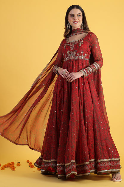 Red Dori Embroidery Chiffon Flared Dresses with Dupatta Set
