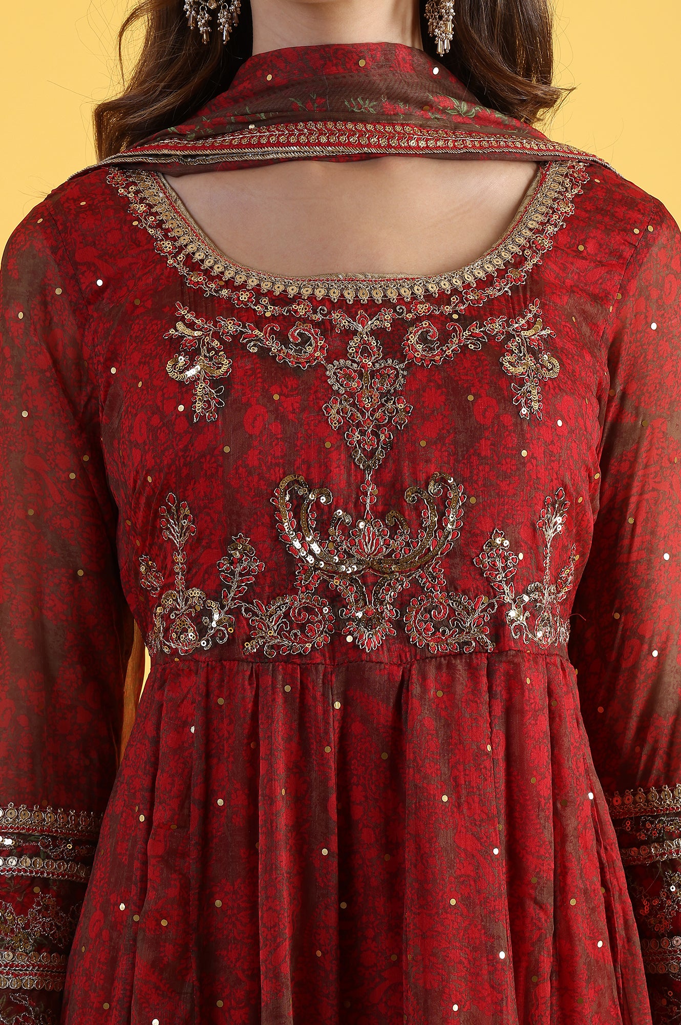 Red Dori Embroidery Chiffon Flared Dresses with Dupatta Set