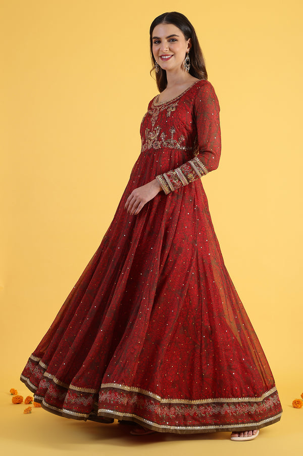 Red Dori Embroidery Chiffon Flared Dresses with Dupatta Set