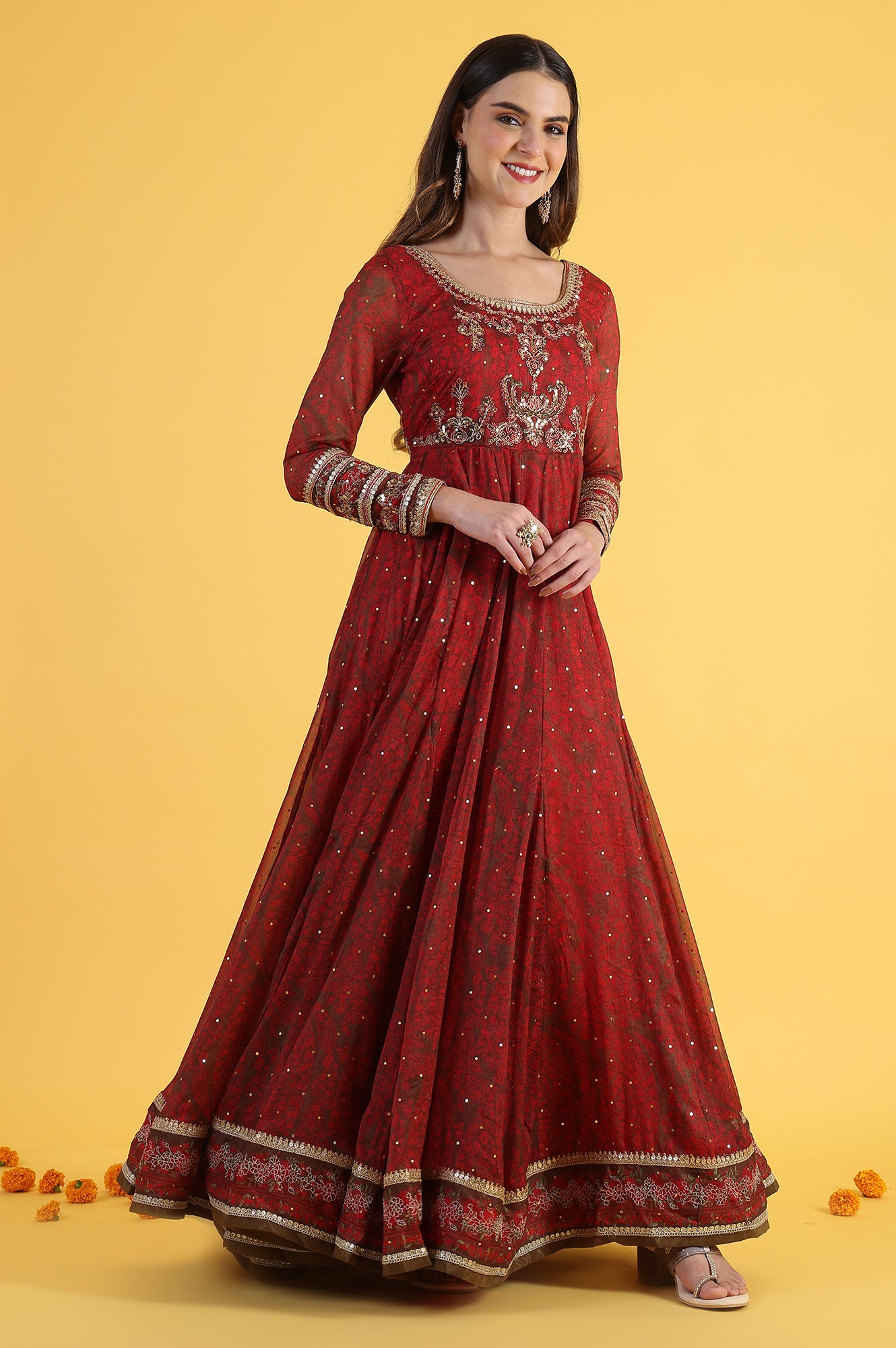 Red Dori Embroidery Chiffon Flared Dresses with Dupatta Set
