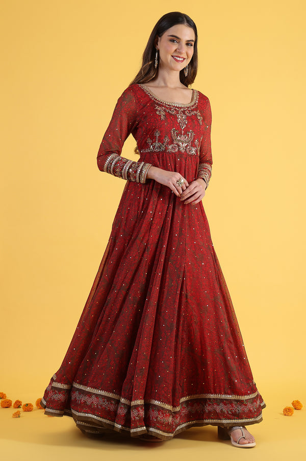Red Dori Embroidery Chiffon Flared Dresses with Dupatta Set