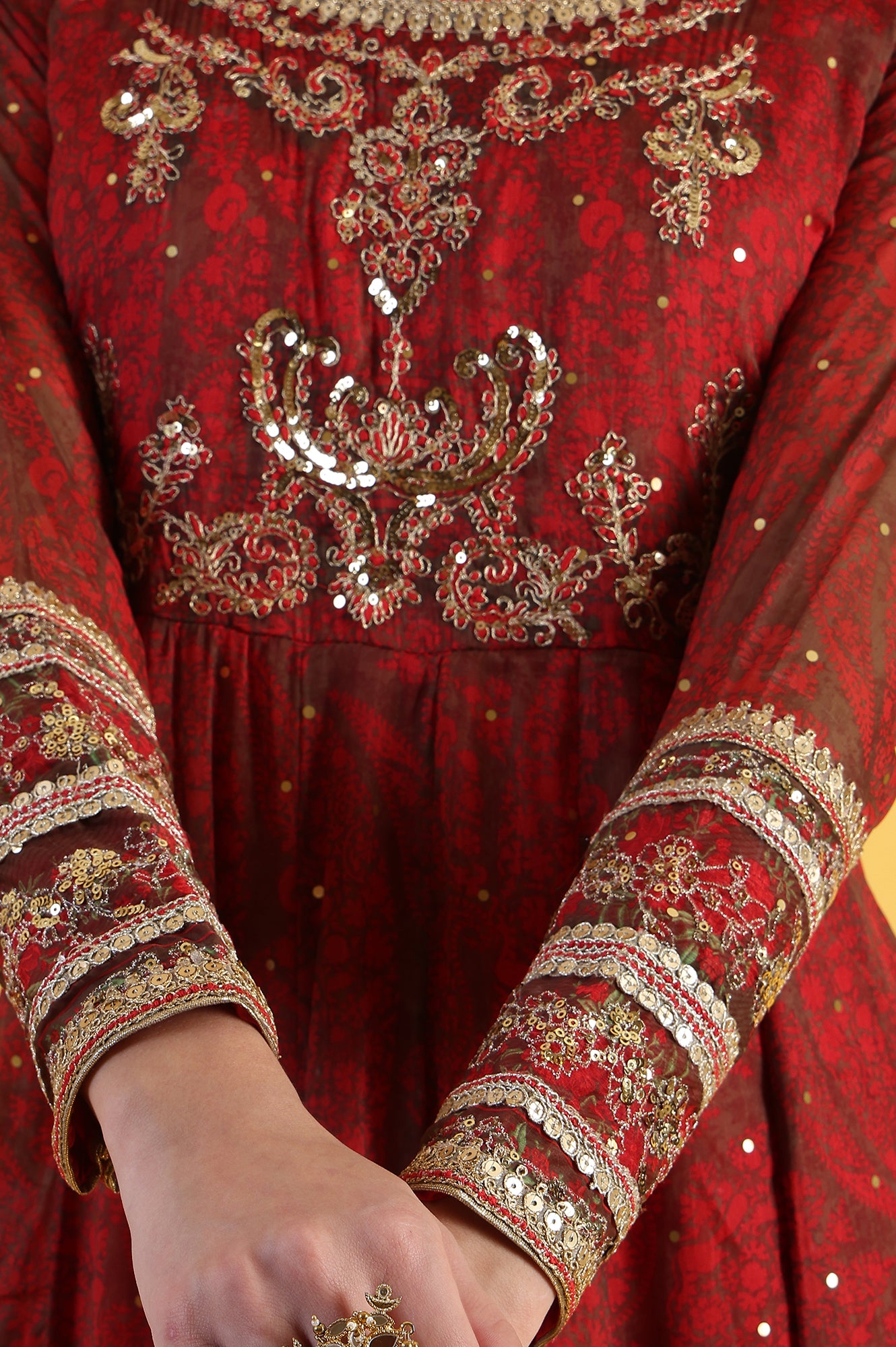 Red Dori Embroidery Chiffon Flared Dresses with Dupatta Set