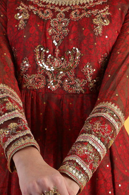 Red Dori Embroidery Chiffon Flared Dresses with Dupatta Set