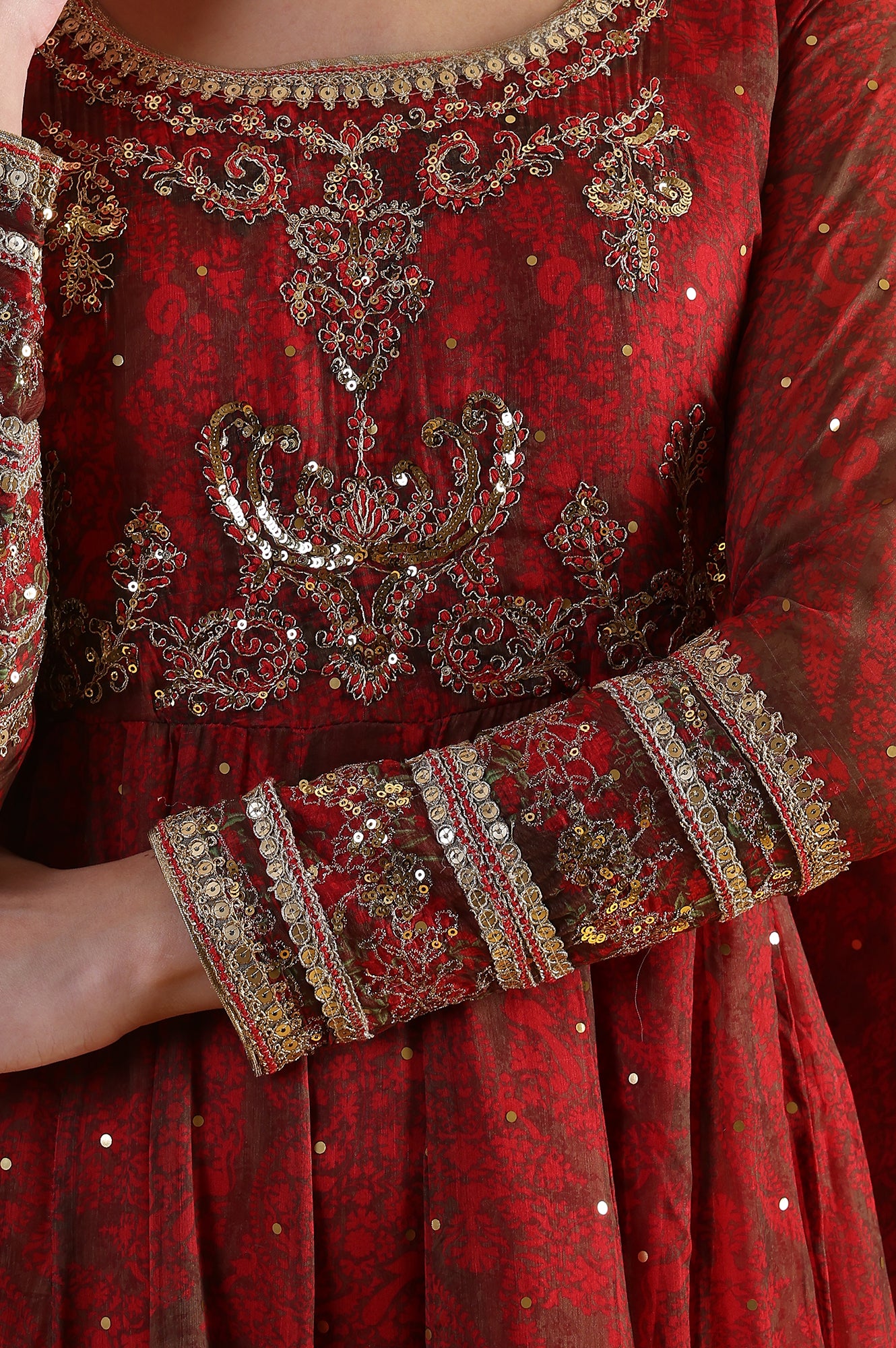 Red Dori Embroidery Chiffon Flared Dresses with Dupatta Set