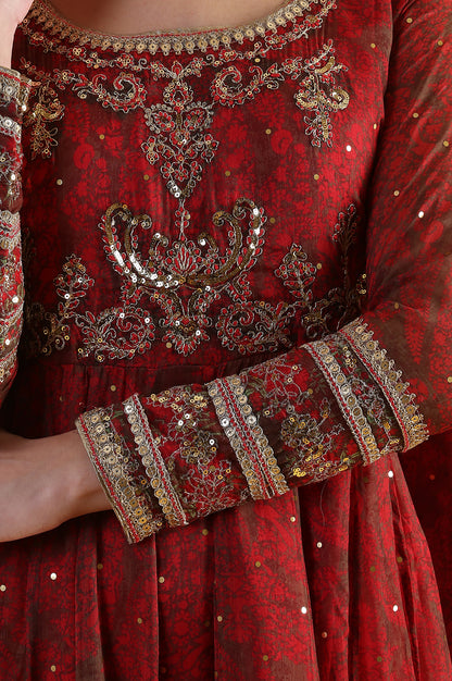 Red Dori Embroidery Chiffon Flared Dresses with Dupatta Set