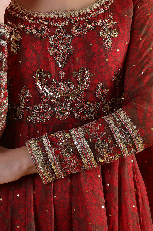 Red Dori Embroidery Chiffon Flared Dresses with Dupatta Set