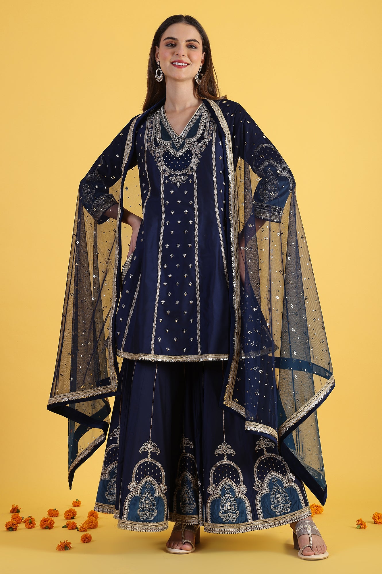Blue Embroidered Kurta &amp; Sharara with Dupatta Set