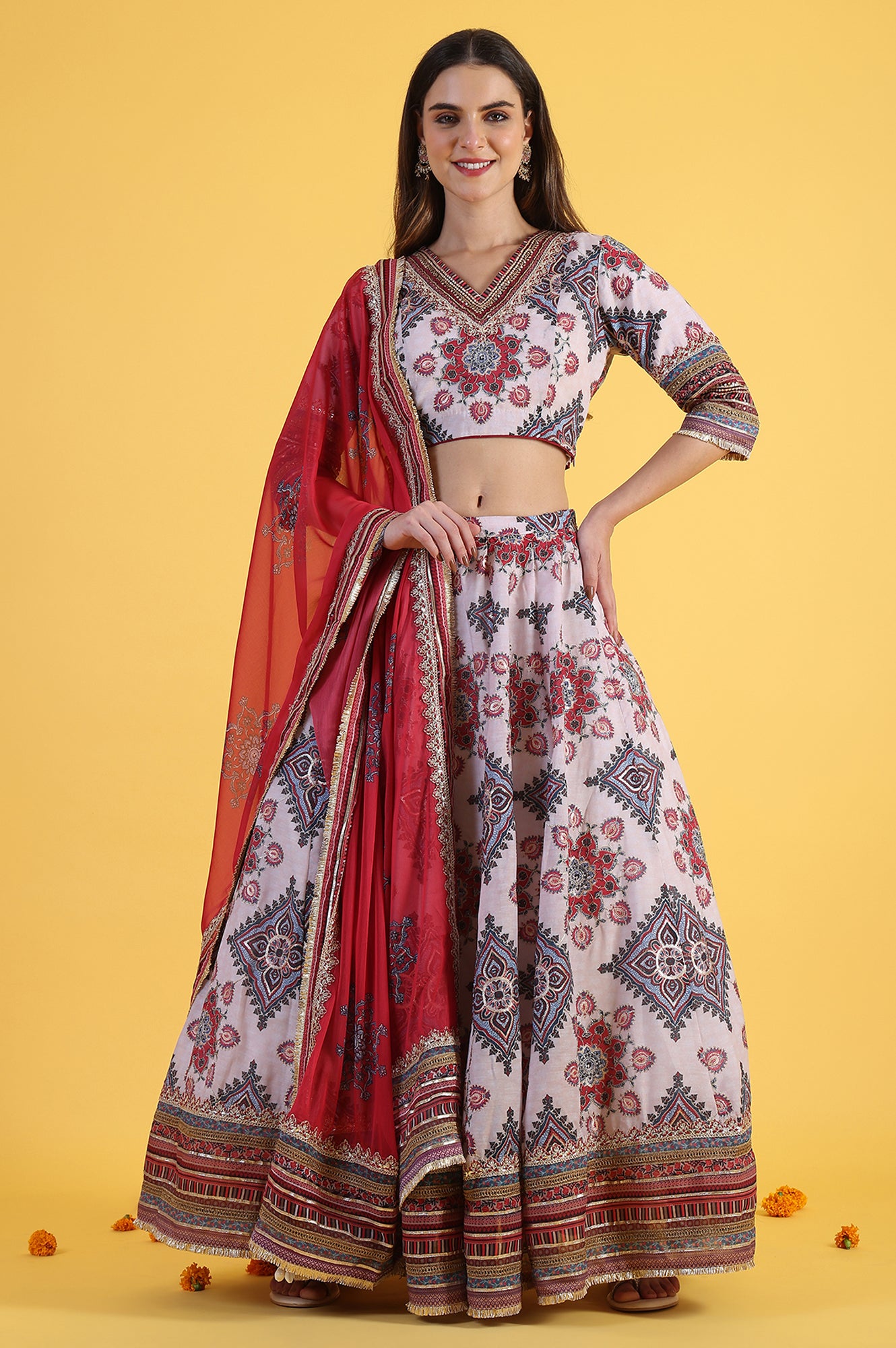 White Embroidered Beads Straight Blouse Top &amp; Skirt with Dupatta Set