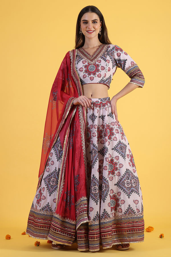 White Embroidered Beads Straight Blouse Top & Skirt with Dupatta Set