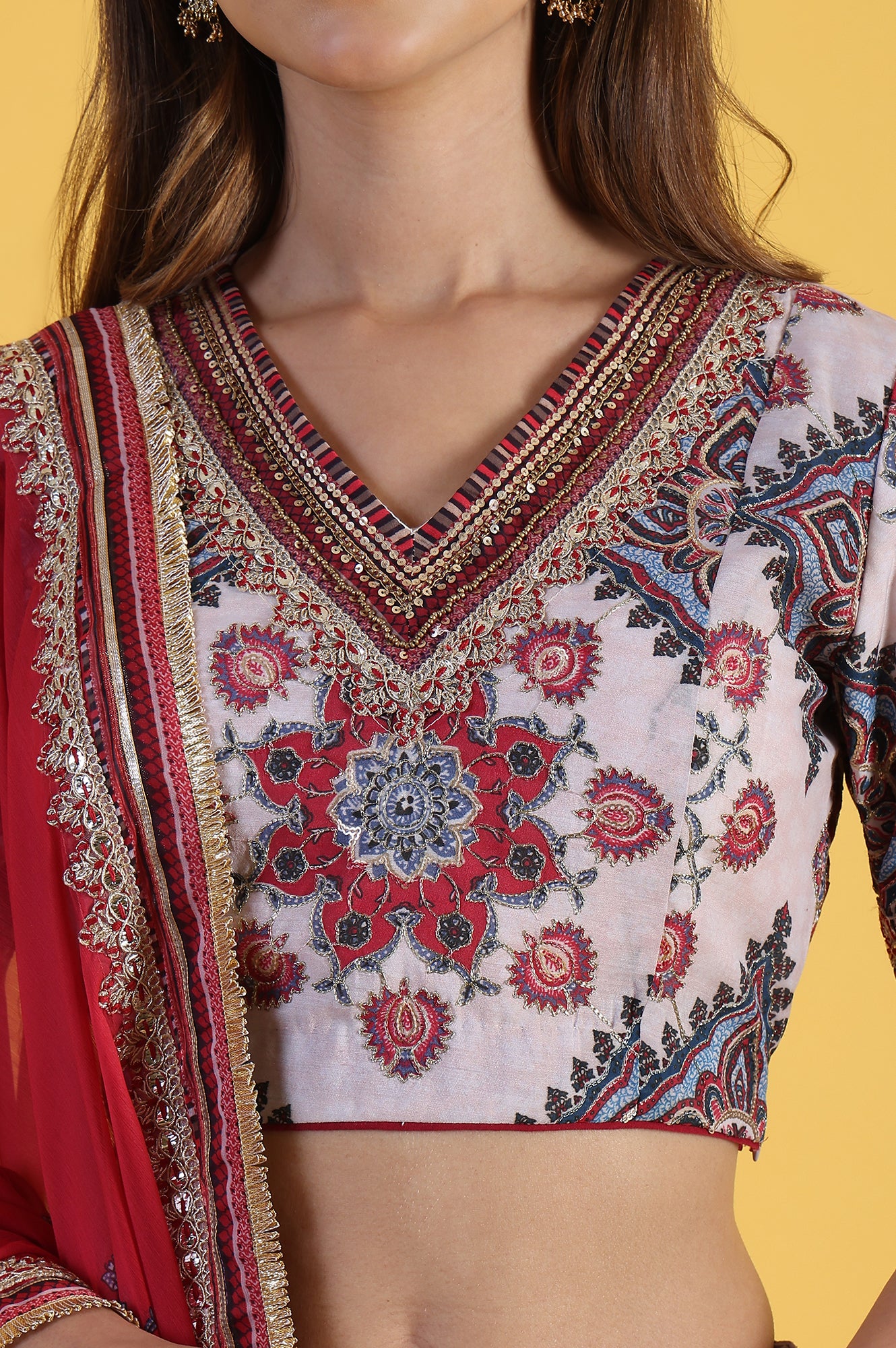 White Embroidered Beads Straight Blouse Top &amp; Skirt with Dupatta Set