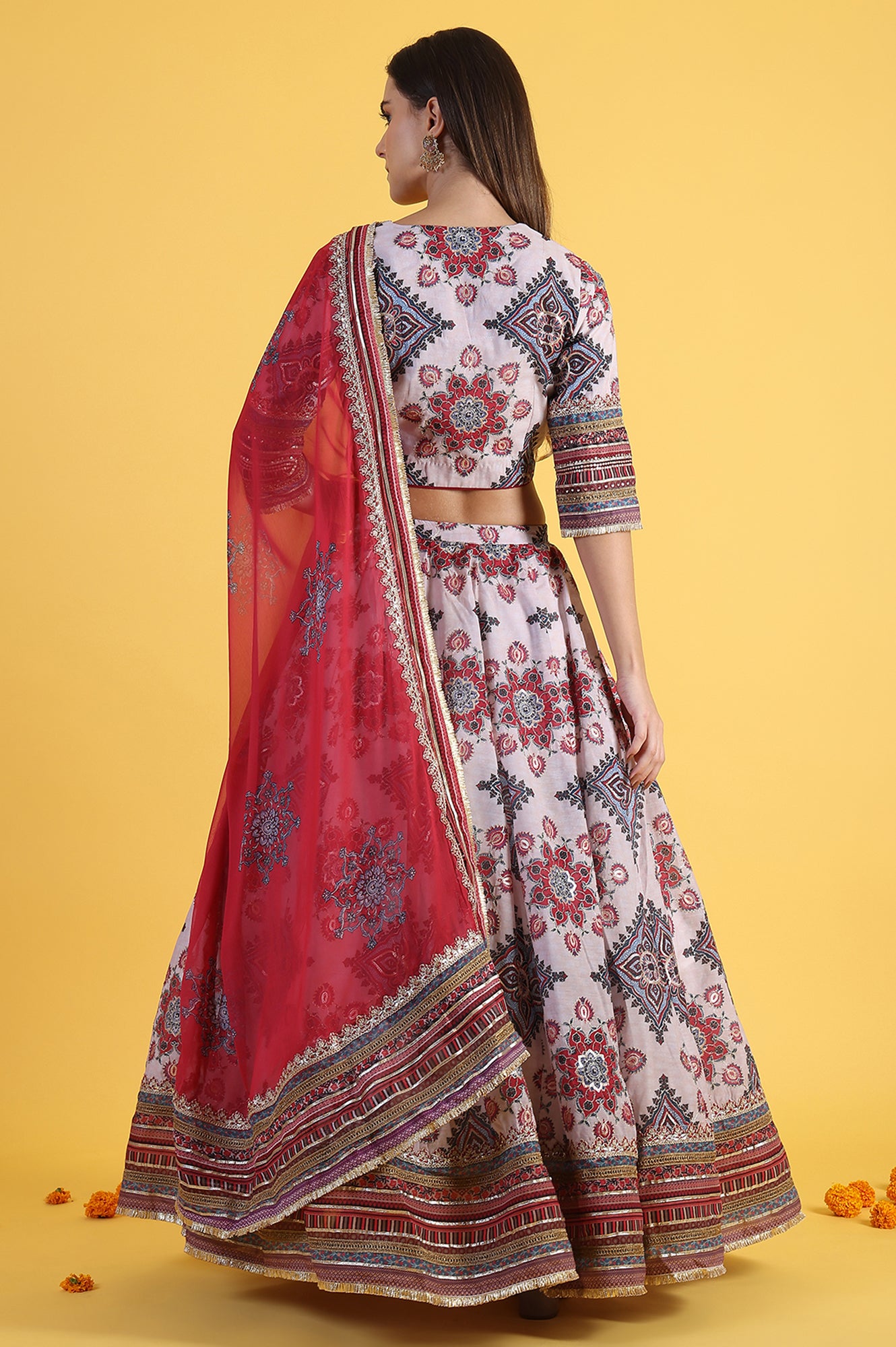 White Embroidered Beads Straight Blouse Top &amp; Skirt with Dupatta Set