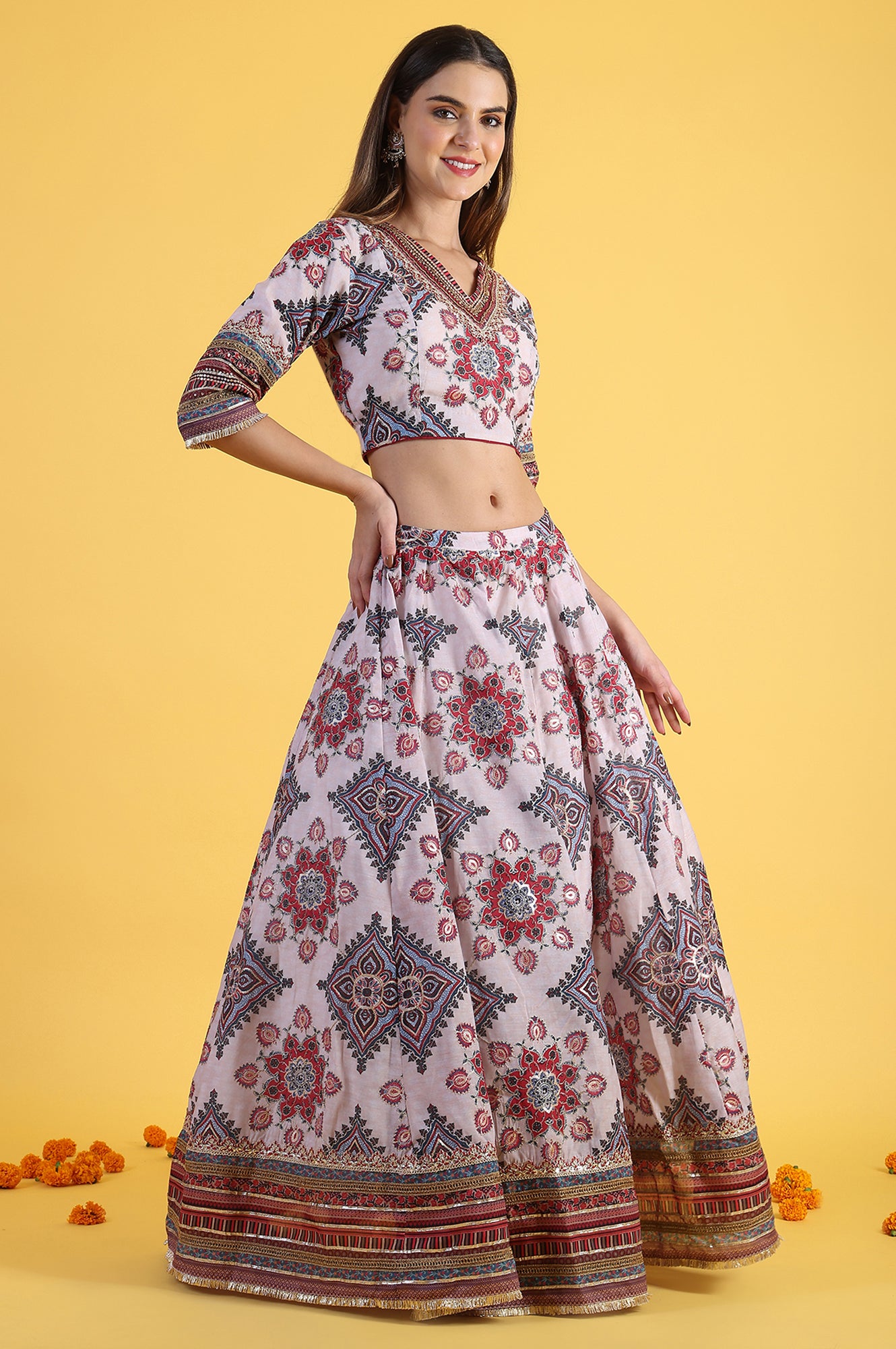 White Embroidered Beads Straight Blouse Top &amp; Skirt with Dupatta Set