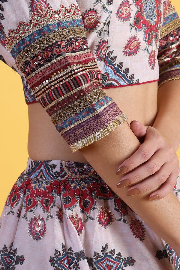 White Embroidered Beads Straight Blouse Top & Skirt with Dupatta Set