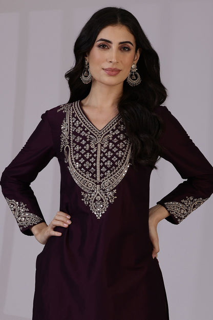 Burgundy Zari Embroidered Straight Kurta