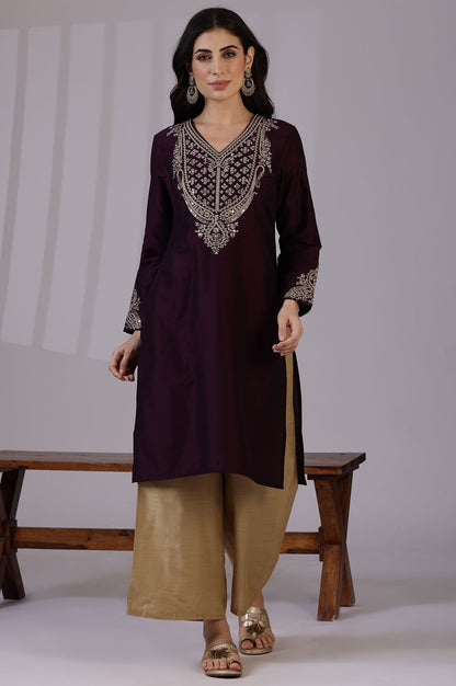 Burgundy Zari Embroidered Straight Kurta