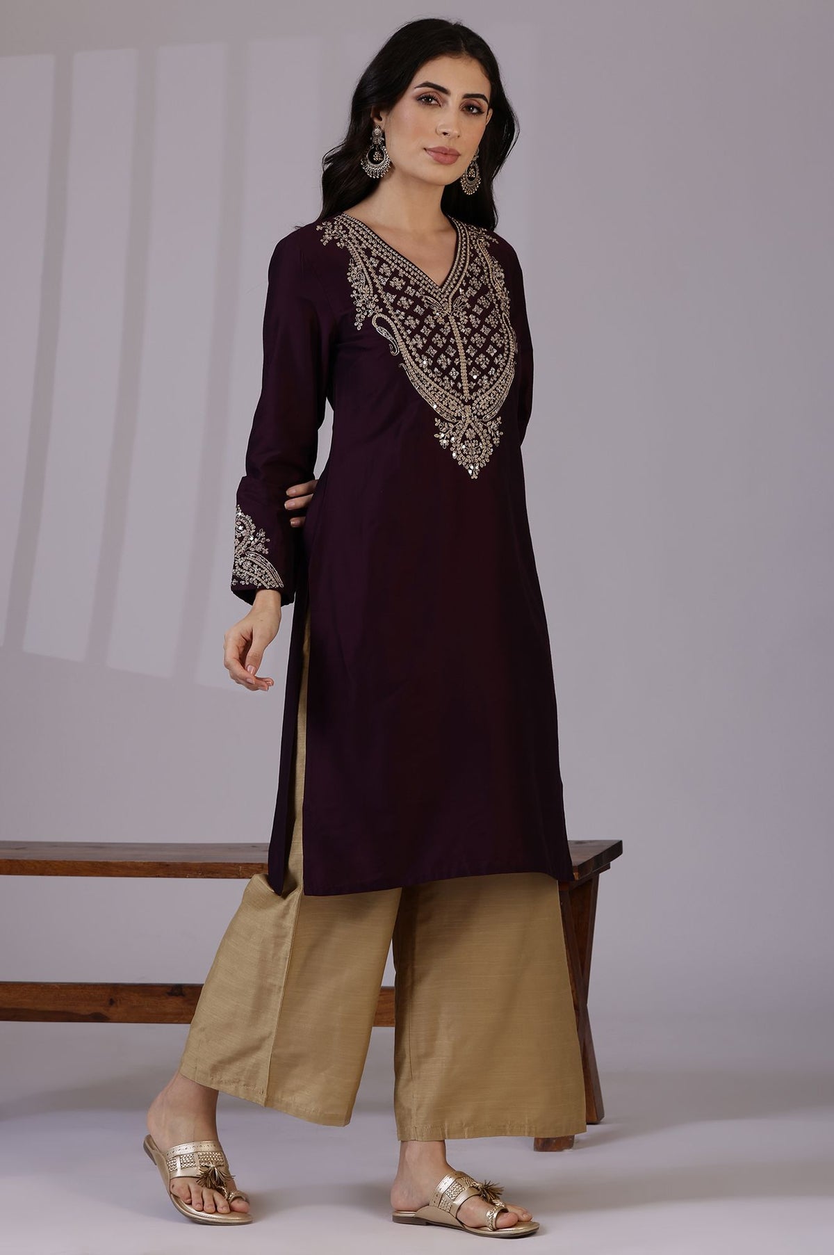 Burgundy Zari Embroidered Straight Kurta