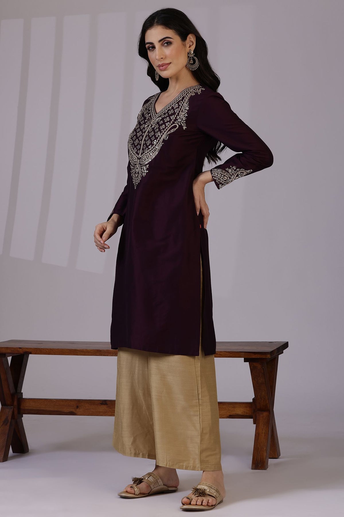 Burgundy Zari Embroidered Straight Kurta