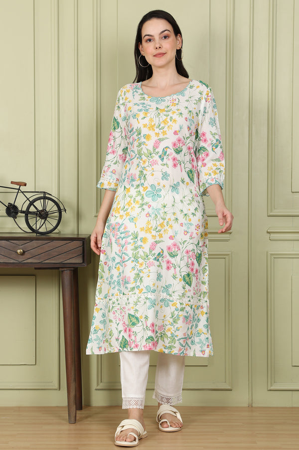 White Floral And Bird Printed Straight Kurta With Scalloped Neckline