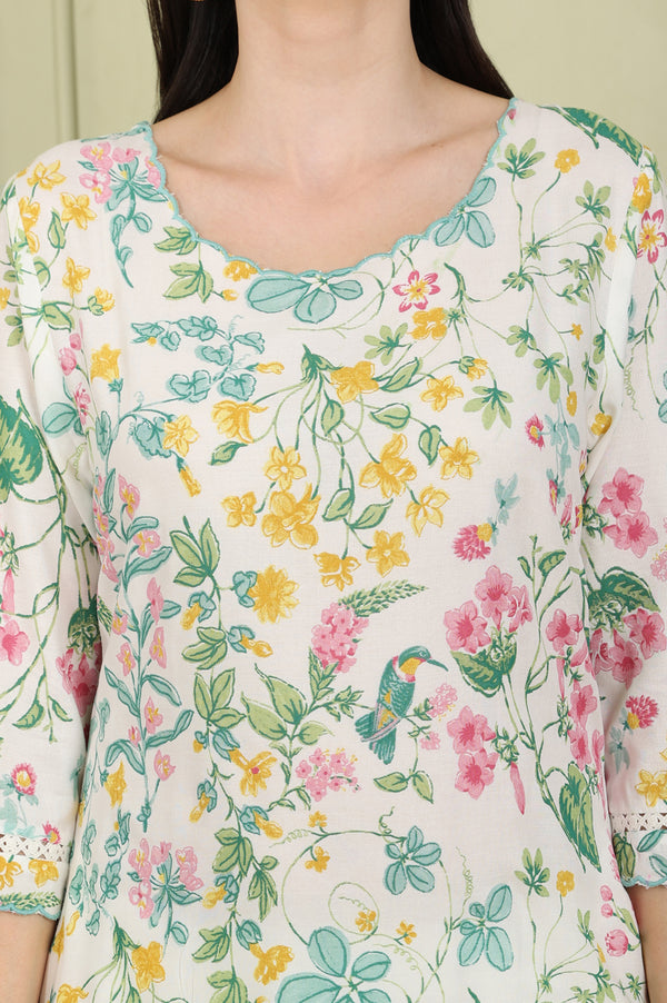 White Floral And Bird Printed Straight Kurta With Scalloped Neckline