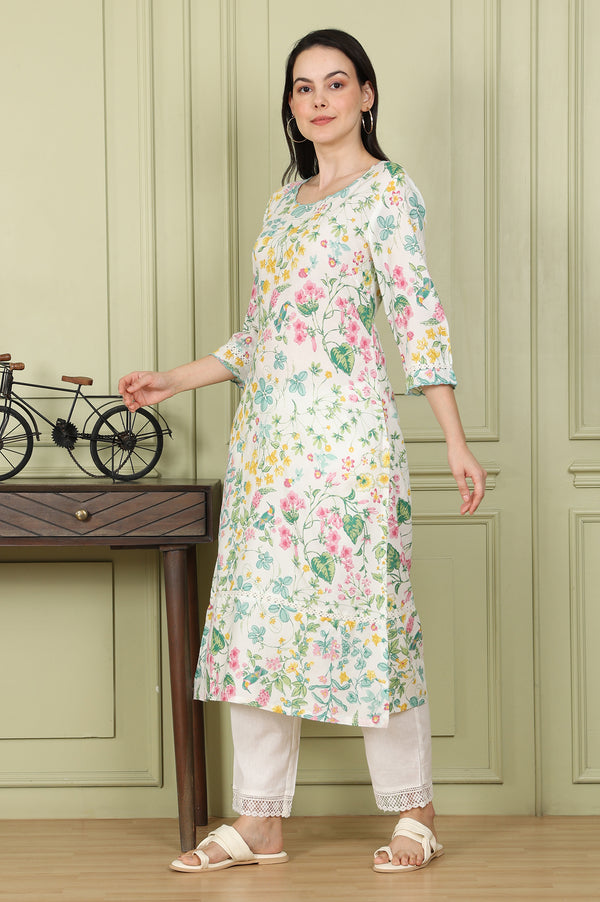 White Floral And Bird Printed Straight Kurta With Scalloped Neckline
