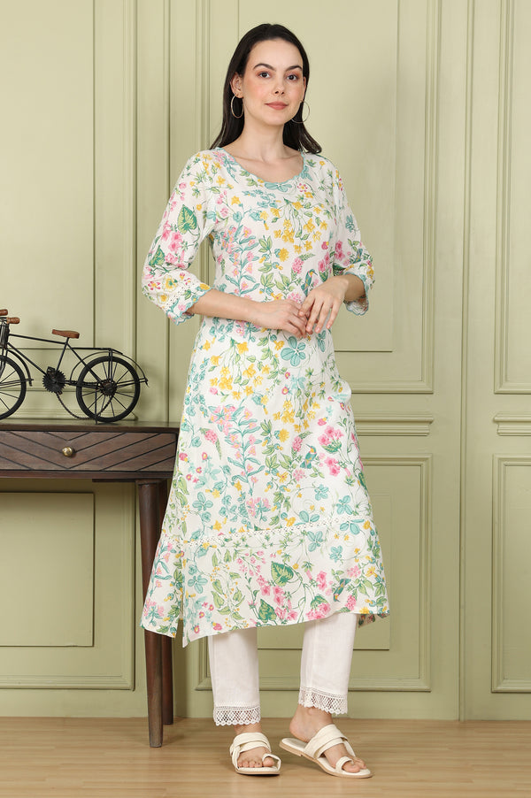 White Floral And Bird Printed Straight Kurta With Scalloped Neckline