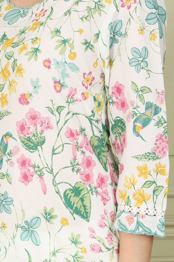 White Floral And Bird Printed Straight Kurta With Scalloped Neckline
