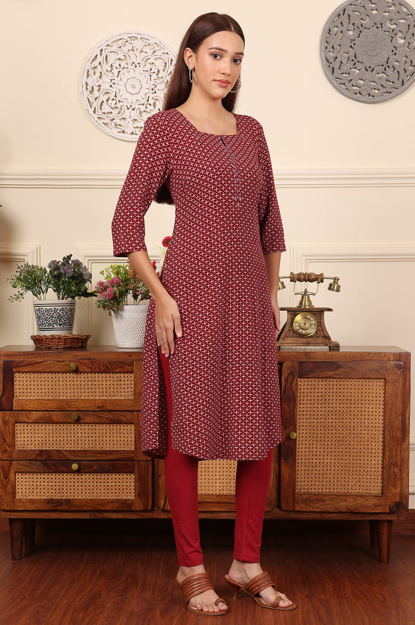 Tureodur Red Geometric Printed Rayon Crepe Kurta With Mirror Work