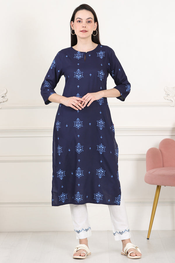 Blue Printed Pure Cotton Straight Kurta