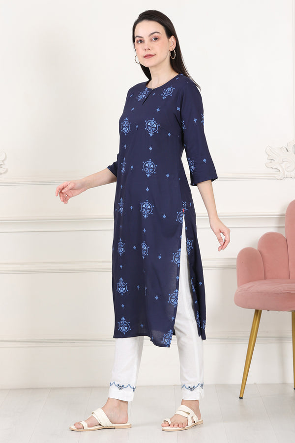 Blue Printed Pure Cotton Straight Kurta