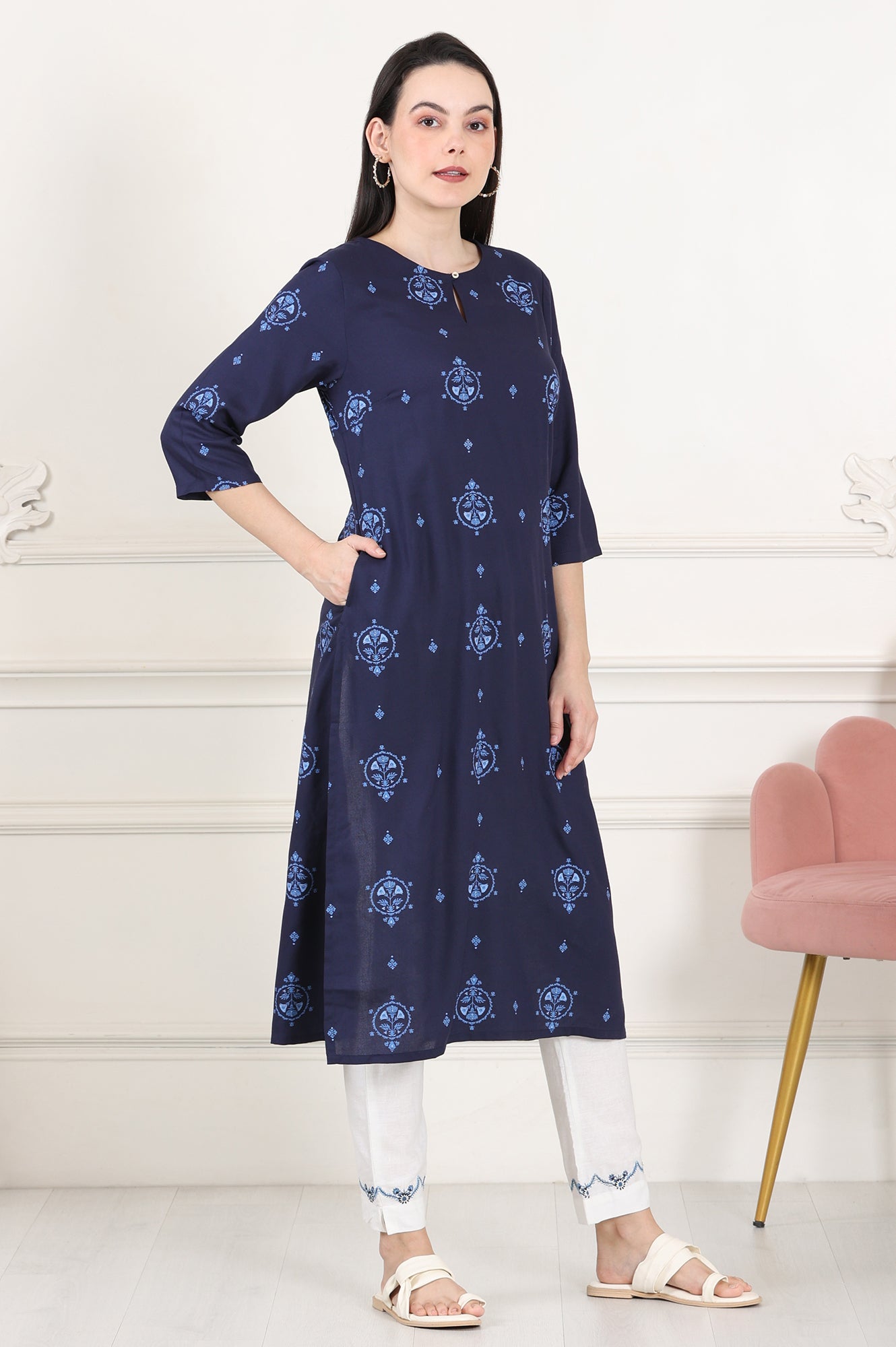 Blue Printed Pure Cotton Straight Kurta - wforwoman