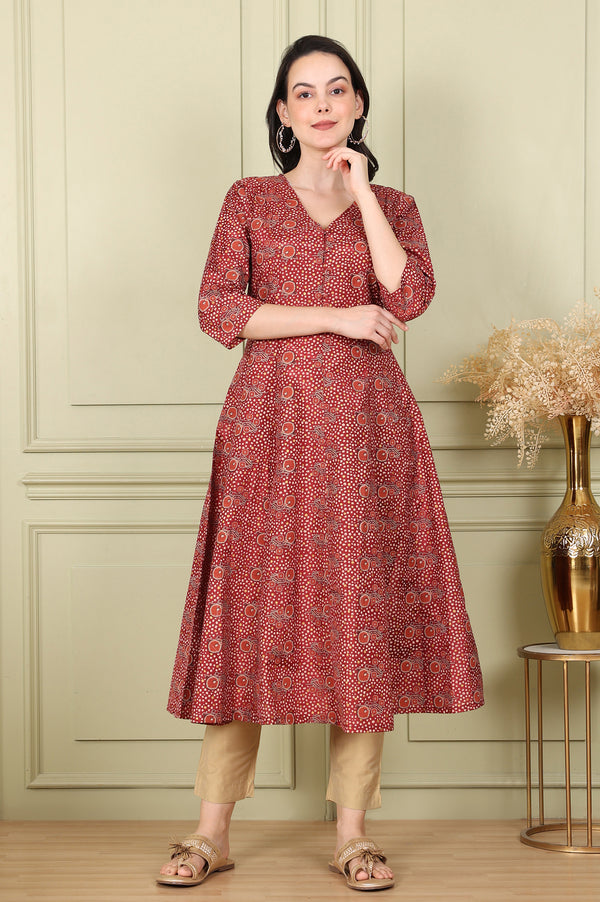 Maroon Floral Printed V Neck A-Line Kurta