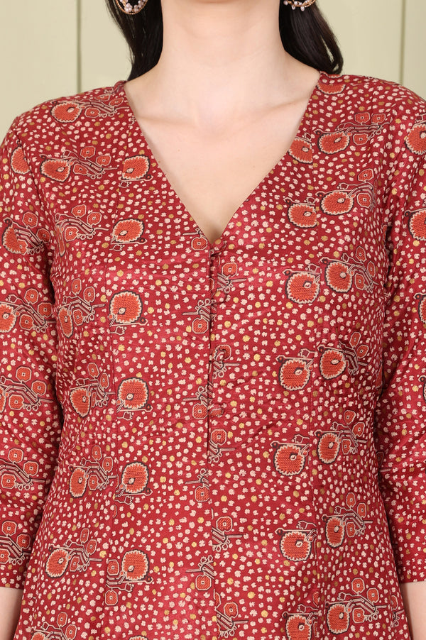Maroon Floral Printed V Neck A-Line Kurta