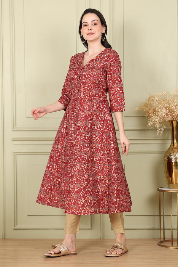 Maroon Floral Printed V Neck A-Line Kurta