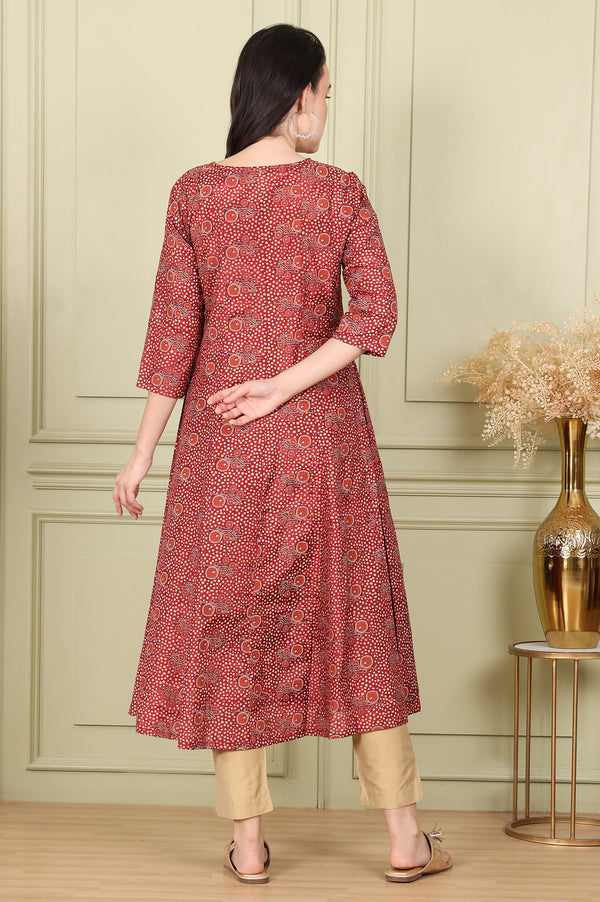 Maroon Floral Printed V Neck A-Line Kurta