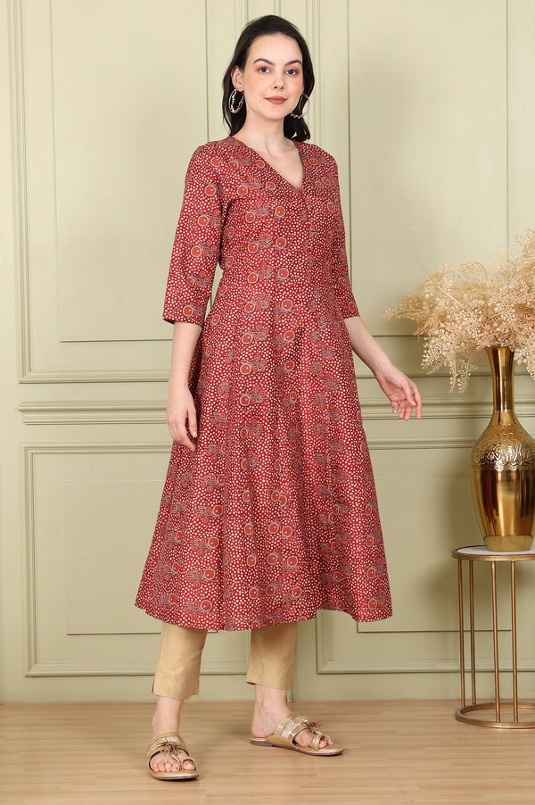 Maroon Floral Printed V Neck A-Line Kurta