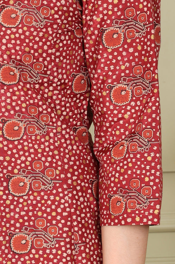 Maroon Floral Printed V Neck A-Line Kurta