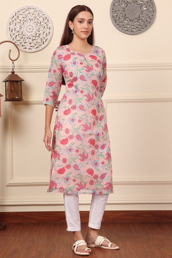 Blush Pink Floral Printed Pure Cotton Kurta
